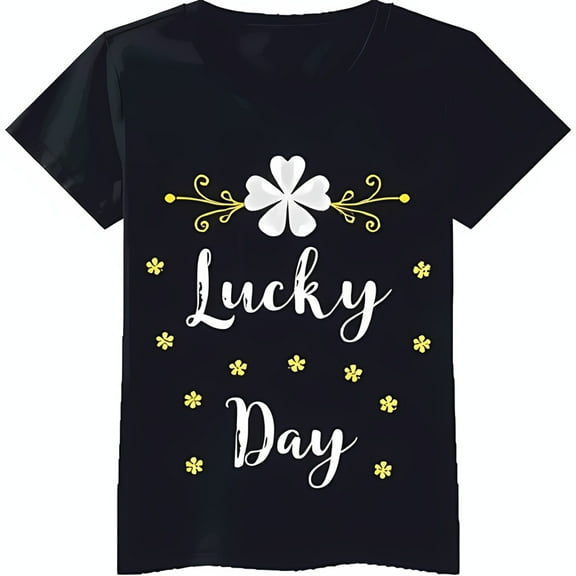 Black T-Shirt with White & 'Lucky Day' Cursive Design