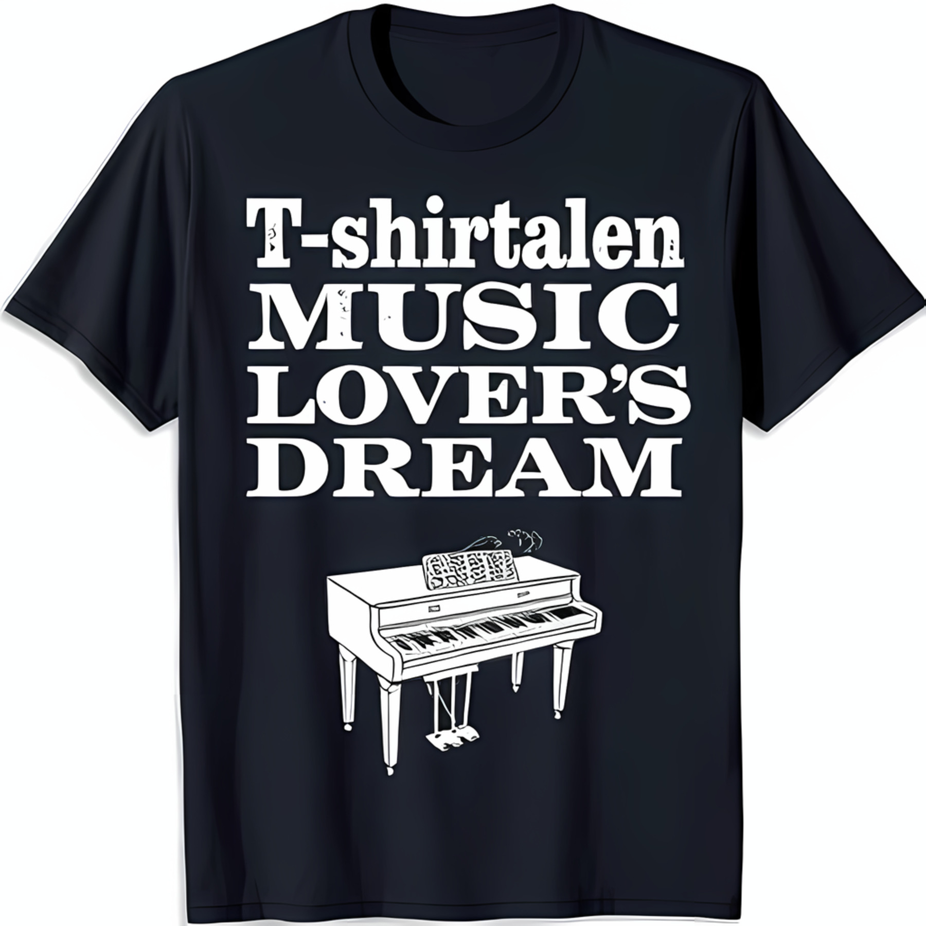 Black TShirt with White 'MUSIC LOVER'S DREAM' Text & Piano Line Art