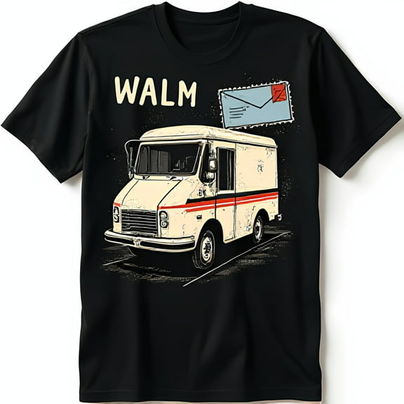 Black T-Shirt with White Mail Truck Design and Red Envelope WALM Graphic Tee