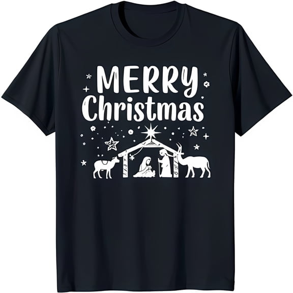 Black T-Shirt with White 'Merry Christmas' Nativity Scene Graphic Design