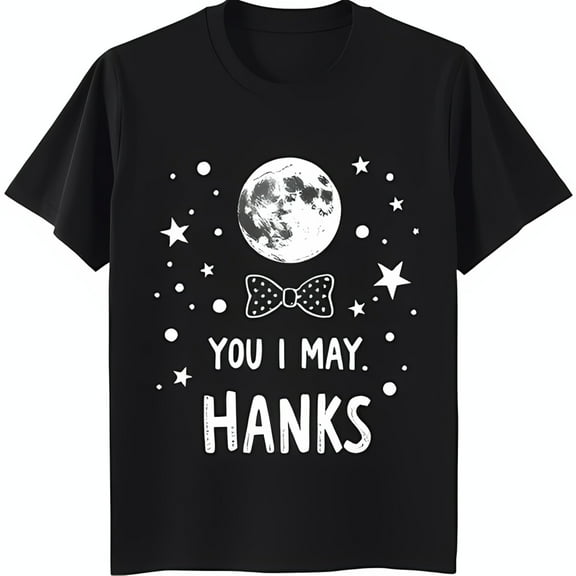Black T-Shirt with White Moon and Bow Tie Graphic 'You I May Hanks' Design