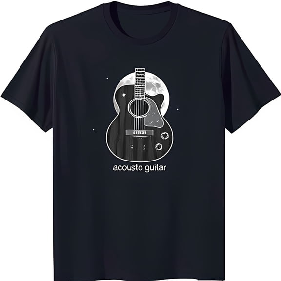 Black T-Shirt with White Outline Acoustic & Moon Graphic 'Acousto ' Design