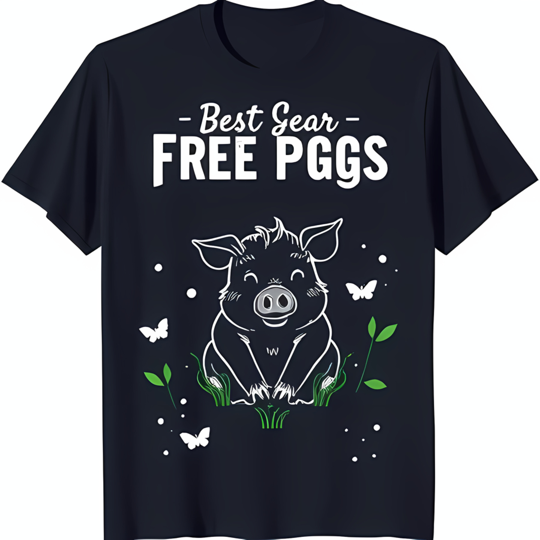 Black TShirt with White Outline Grass & Butterflies Best Gear PGGS