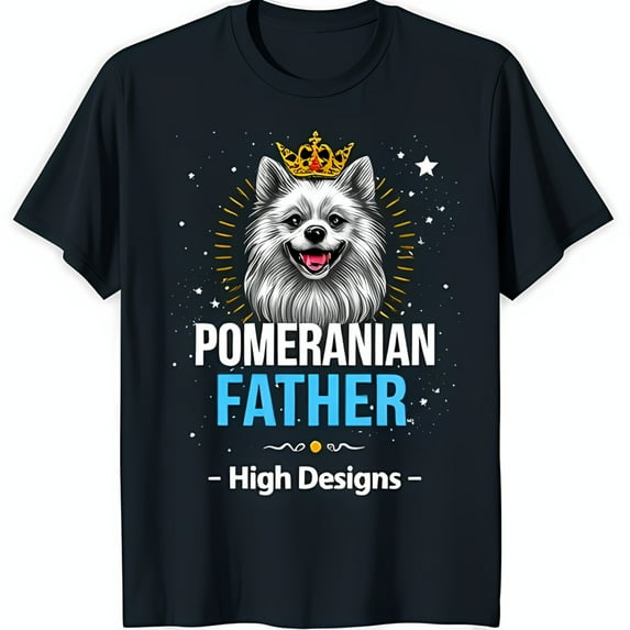 Black T-Shirt with White Pomeranian Dog and Gold Crown Pomeranian Father Design