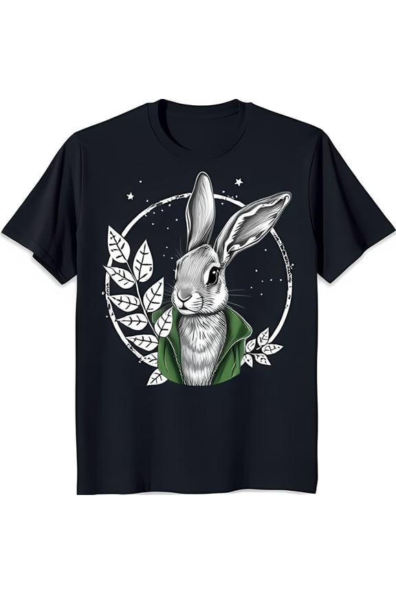 Black T-Shirt with White Rabbit in Green & Leaf Design Unique Graphic Tee