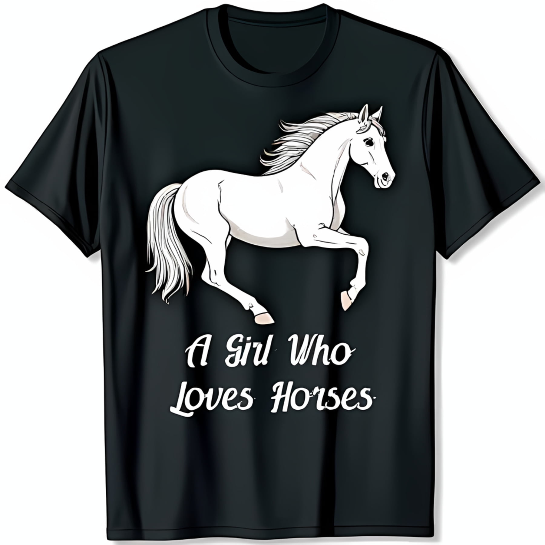 Black TShirt with White Running Horse Graphic A Girl Who Loves Horses
