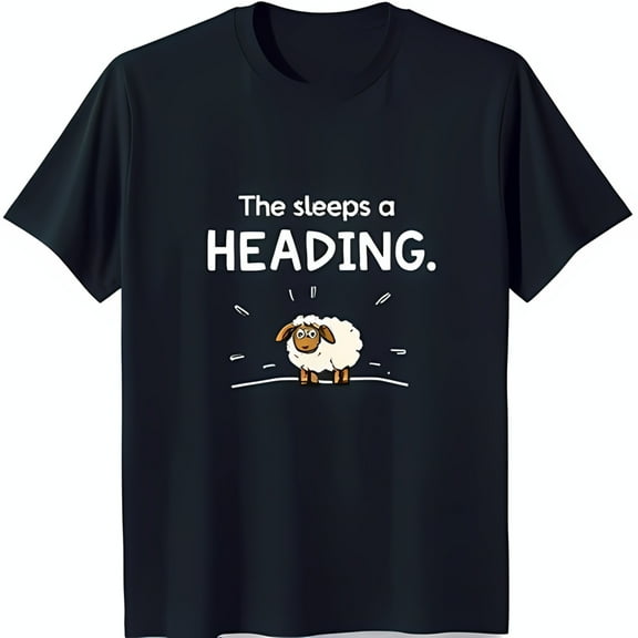 Black T-Shirt with White Sheep Graphic and Star Pattern 'The Sleeps a HEADING '