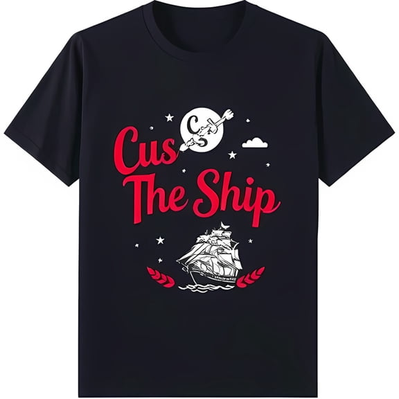 Black T-Shirt with White Ship Graphic & Stars 'Cus The Ship' Design in Red