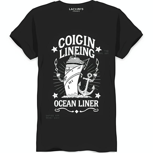 Black TShirt with White Ship and Graphic 'COIGIN LINEING OCEAN LINER