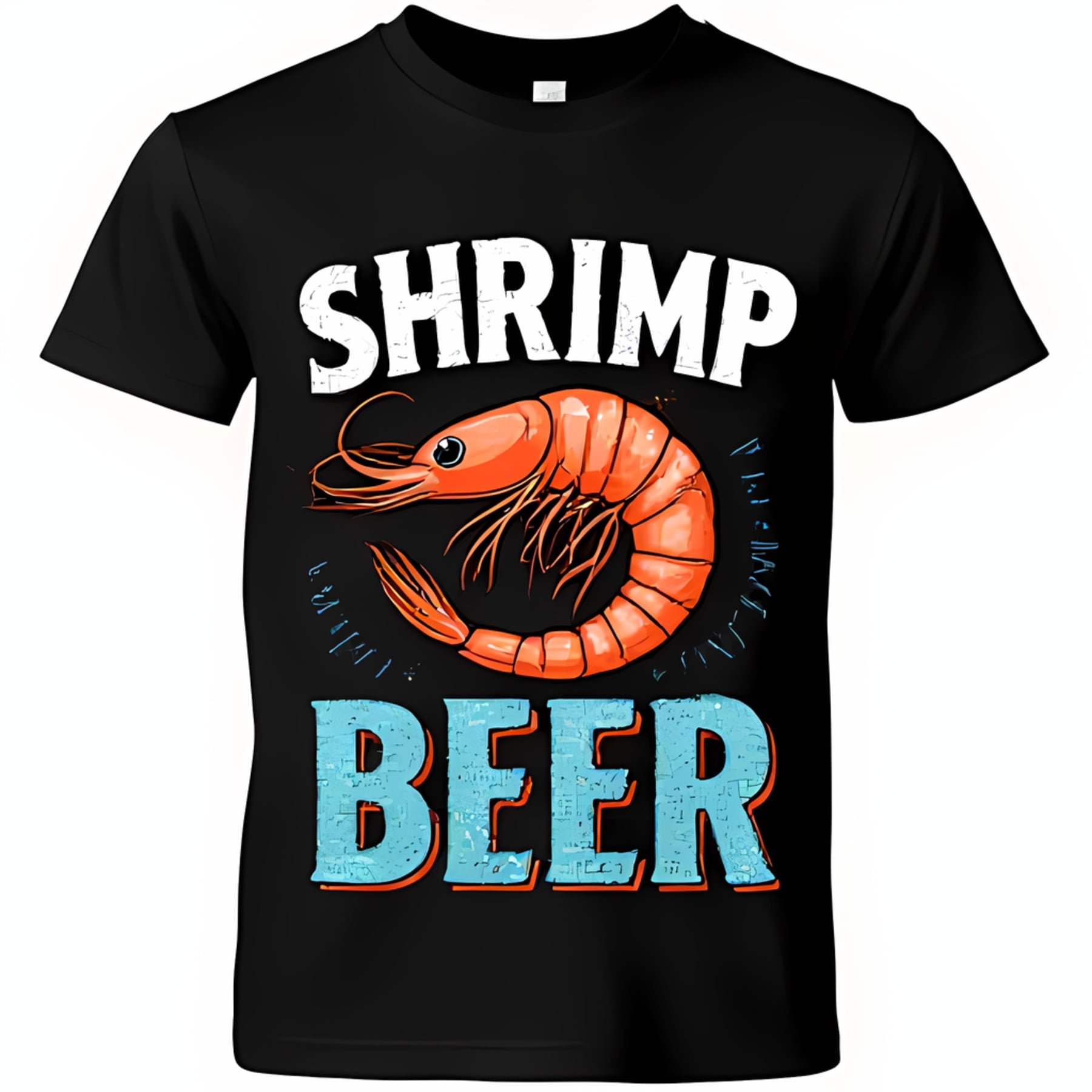 Black T-Shirt with White 'Shrimp ' Graphic and Curled Shrimp Design
