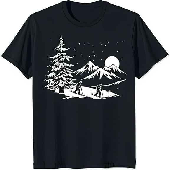 Black T-Shirt with White Skiers Graphic Snowy Mountain & Full Moon Design