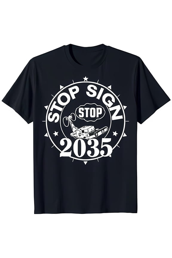 Black T-Shirt with White 'Stop Sign' Design and 2035 Graphic Unique Style