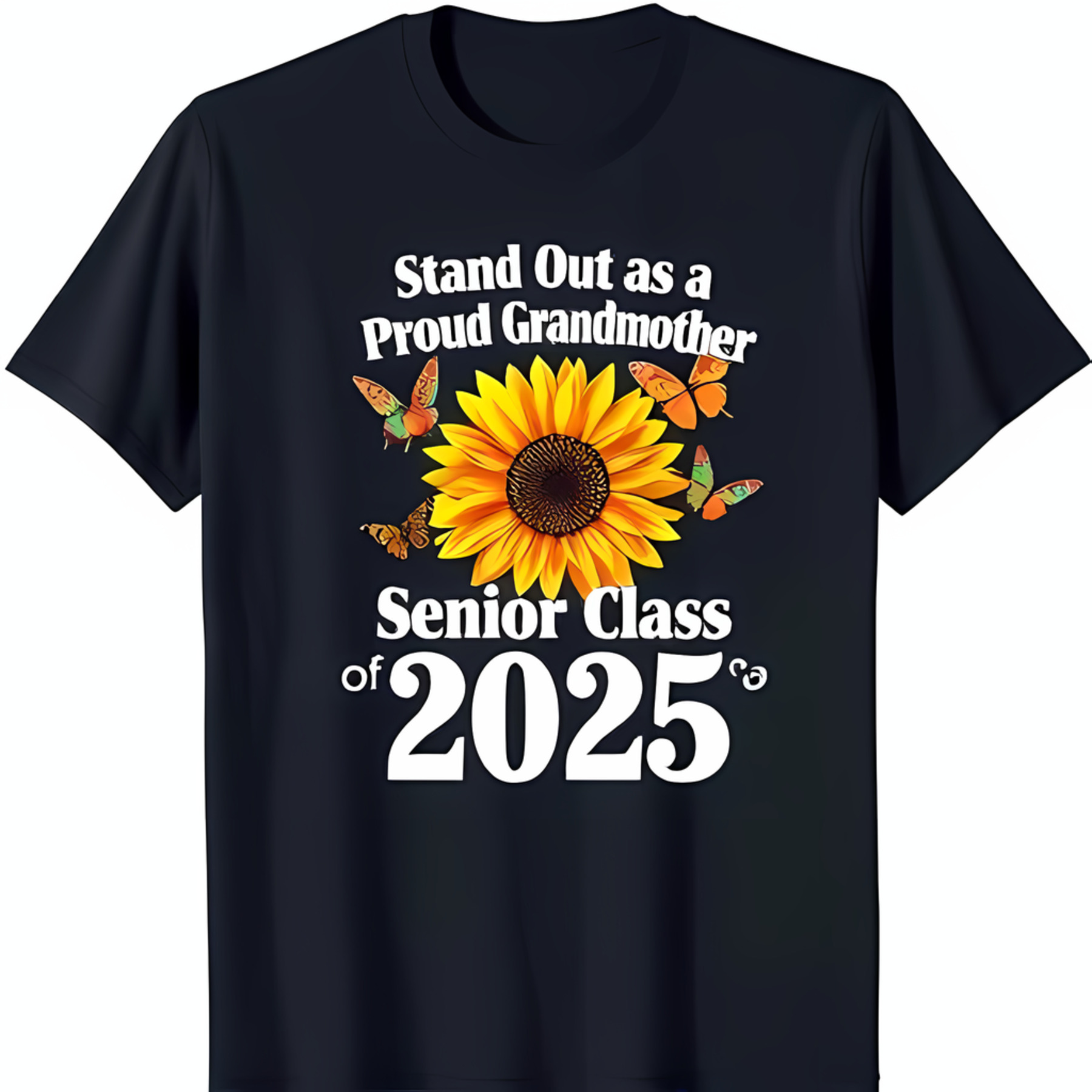 Black TShirt with White Sunflower & Butterflies Proud Grandmother