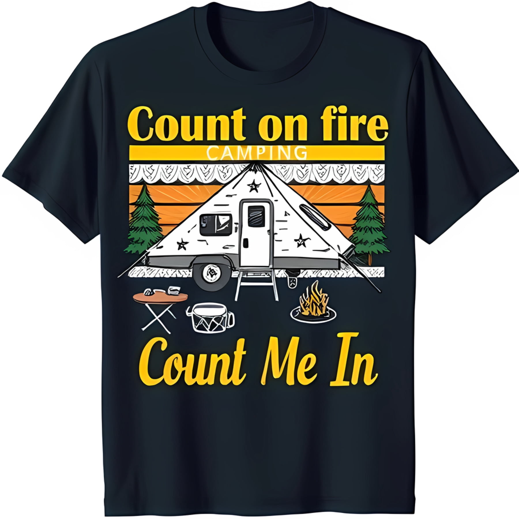 Black T-Shirt with White Tent Campfire & Sunset Design 'Count on Fire ...