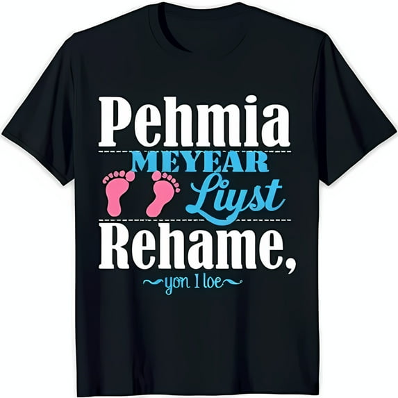 Black T-Shirt with White Text 'Pehmia Meyear Lyst Rehame you I love' & Footprints