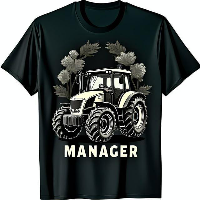 Black TShirt with White Tractor Design and Floral Accents for