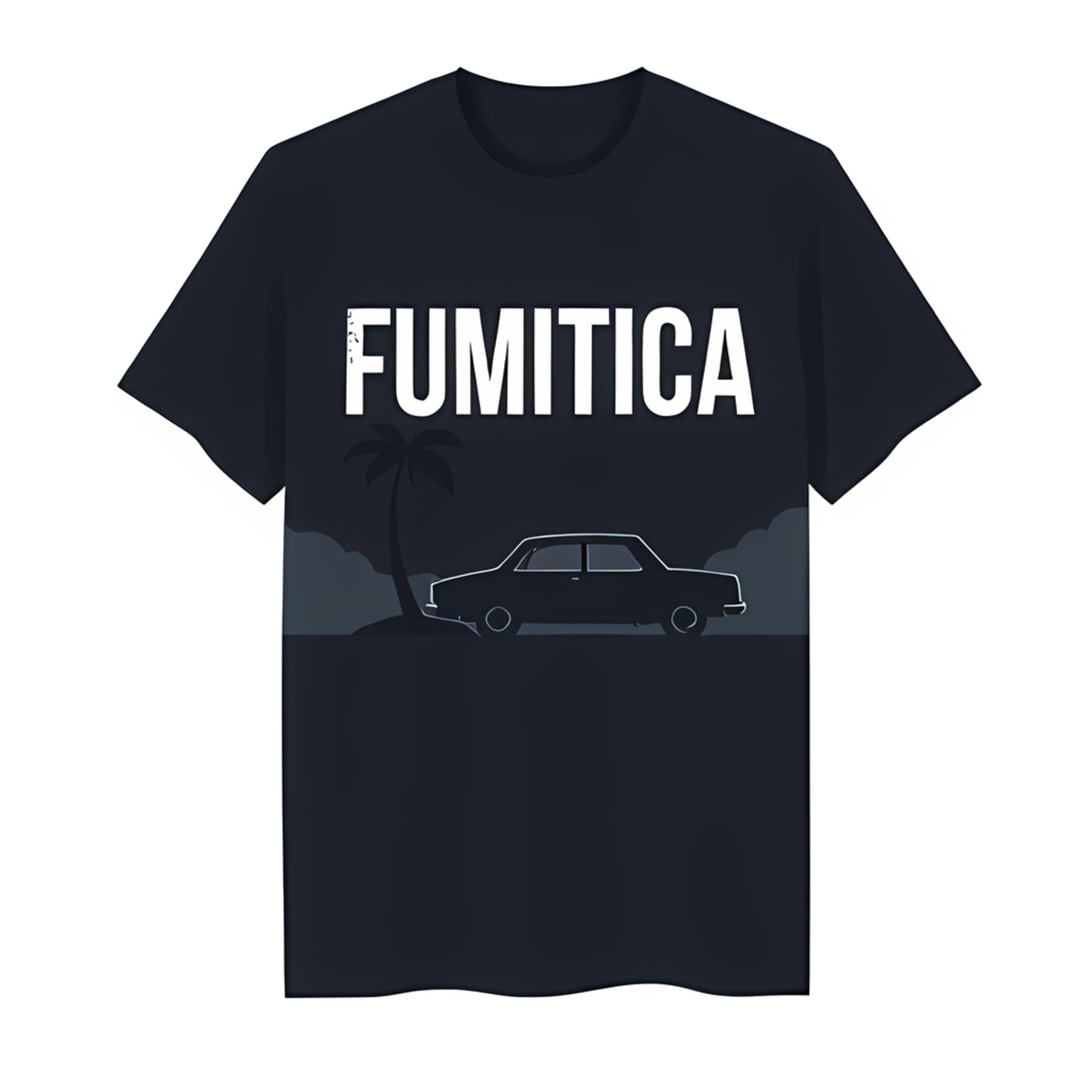 Black TShirt with White Tree & Vintage Car FUMITICA Design