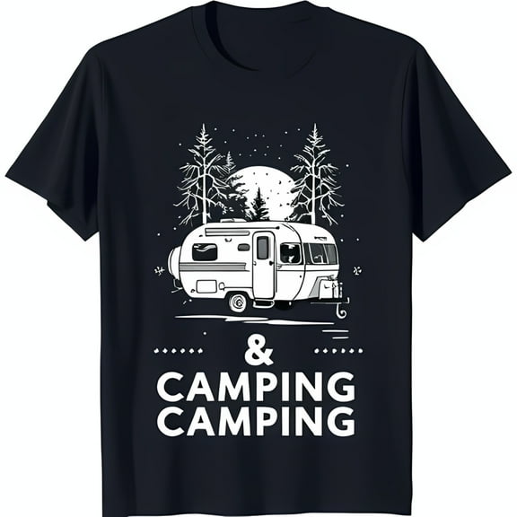 Black T-Shirt with White & Trees Graphic for Camping Lovers