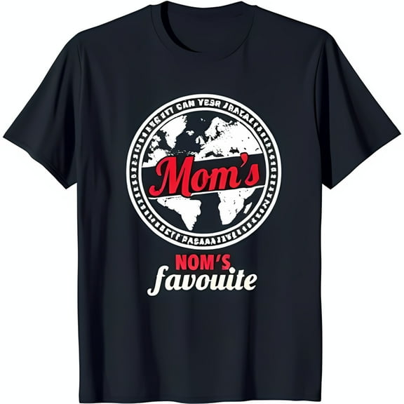 Black T-Shirt with White World Map Circle and 'Mom's' in Red 'Nom's Favourite' Design