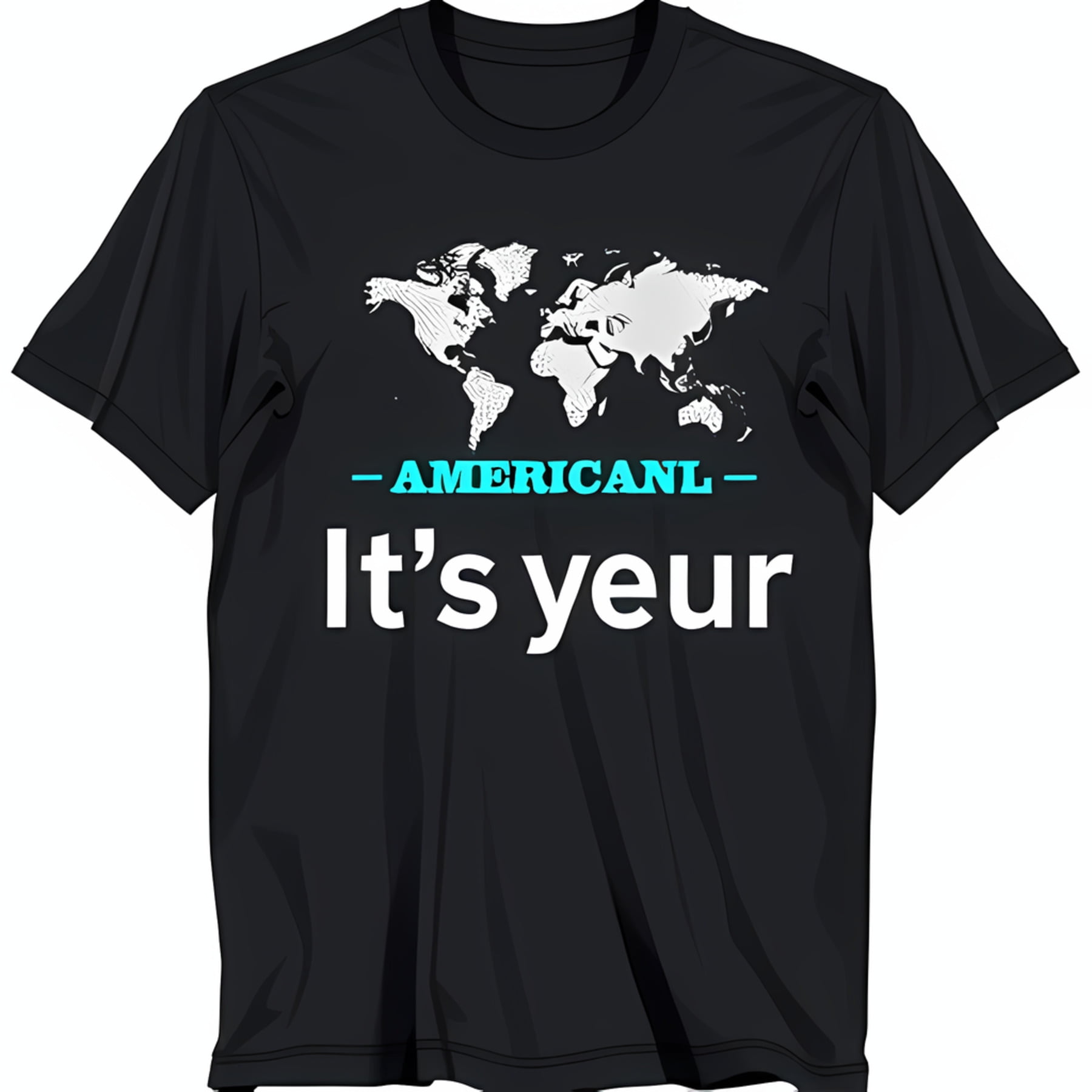 Black TShirt with White World Map Design and 'It's yeur' Text in