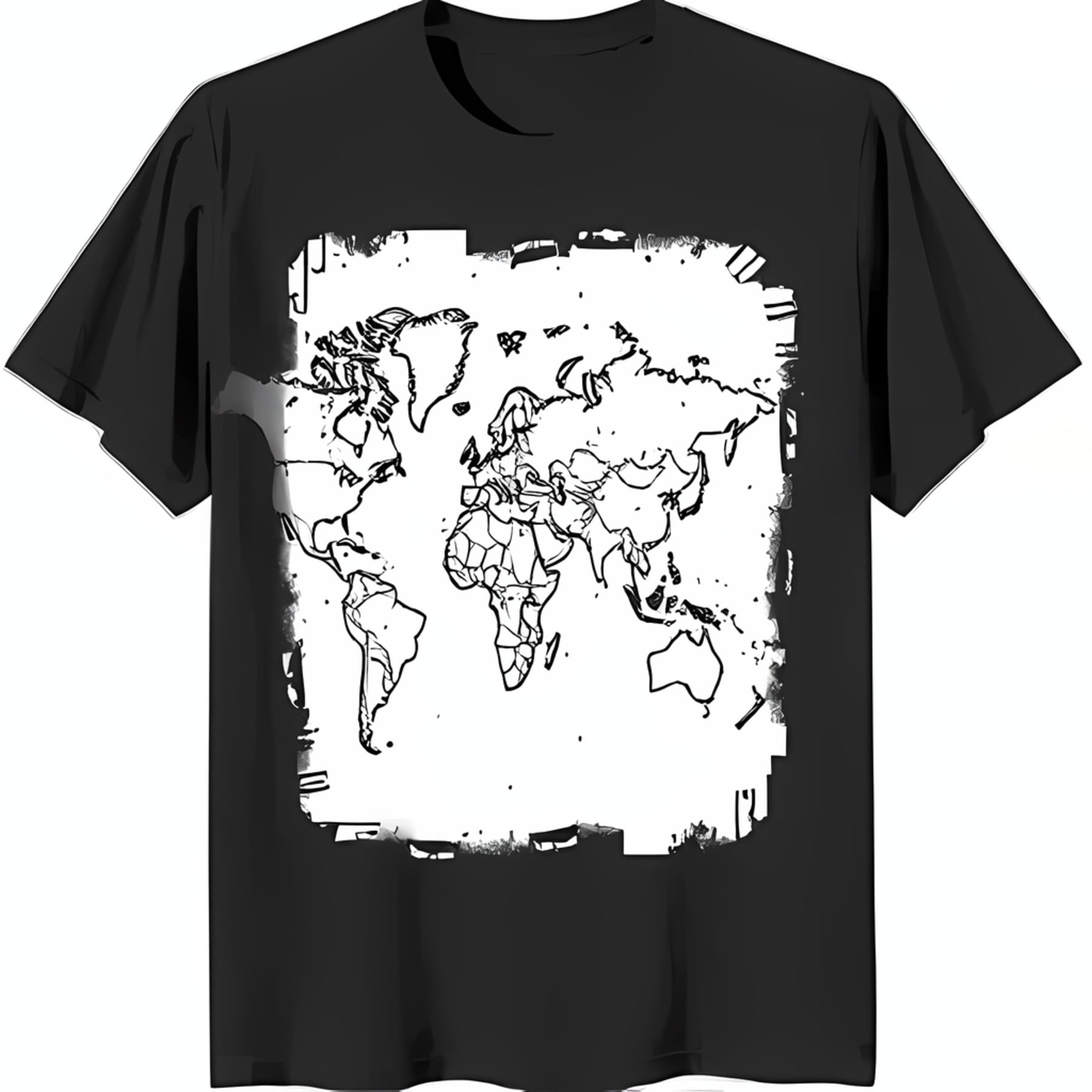 Black TShirt with White World Map Outline and Design