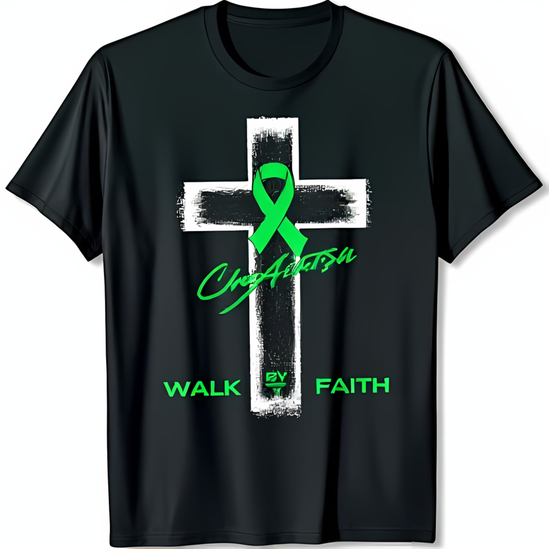 Black TShirt with White and Green Ribbon & 'Walk by Faith' Design