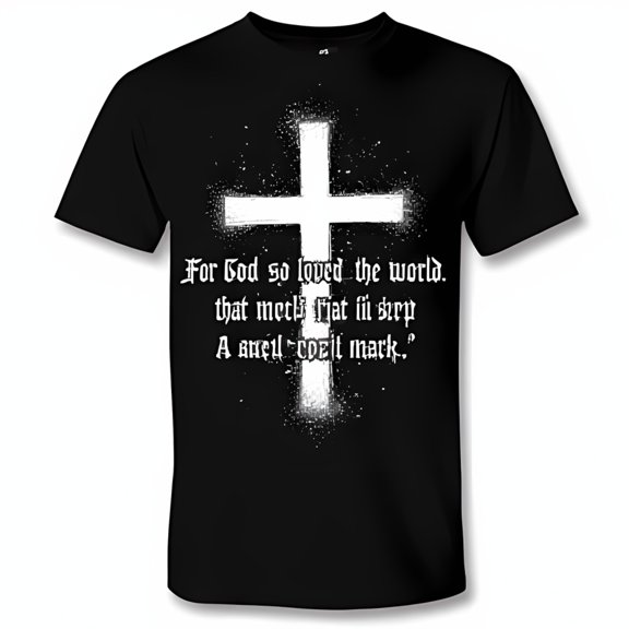 Black T-Shirt with White and Splatter Gothic Scripture Design