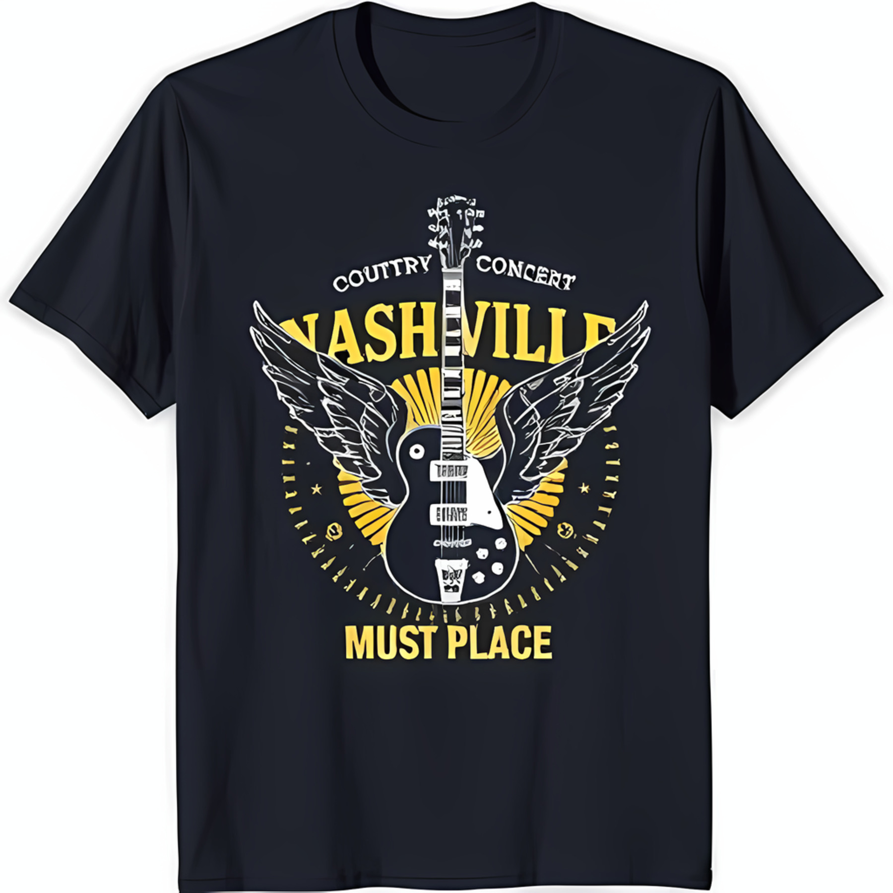 Black TShirt with White and Wings Graphic Nashville Concert Design