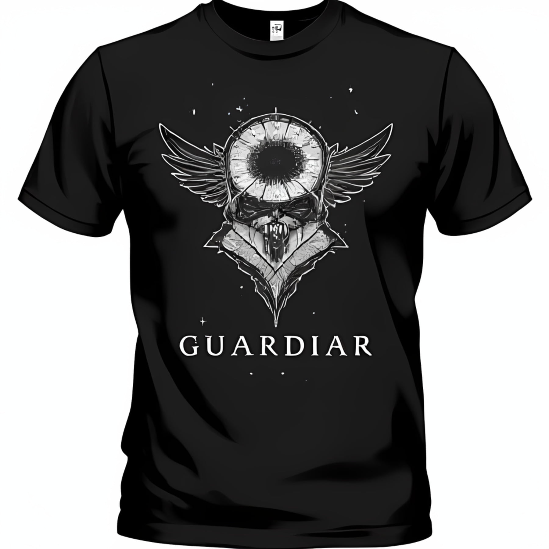 Black TShirt with White and Wings Graphic Starry Night Design GUARDIAN Print