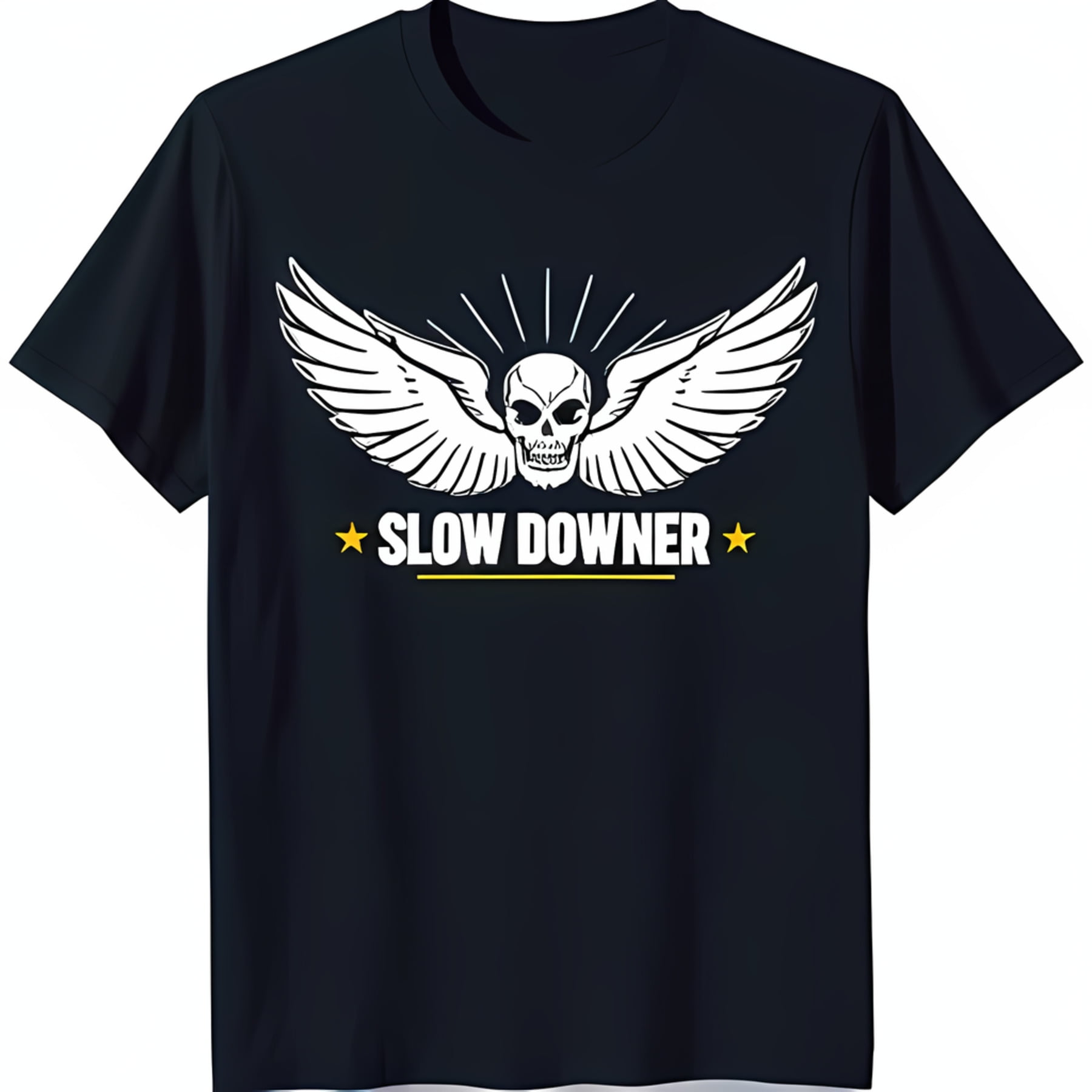 Black TShirt with White and Wings 'SLOW DOWNER' Design