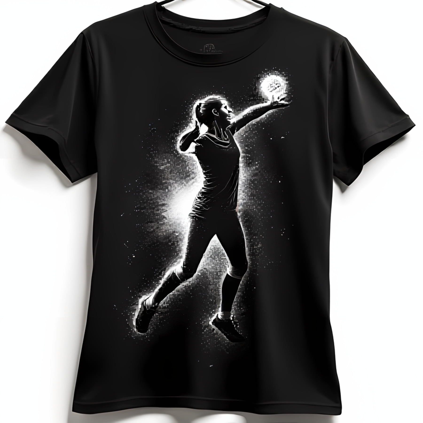 Black TShirt with White of Leaping Volleyball Player Sporty Design