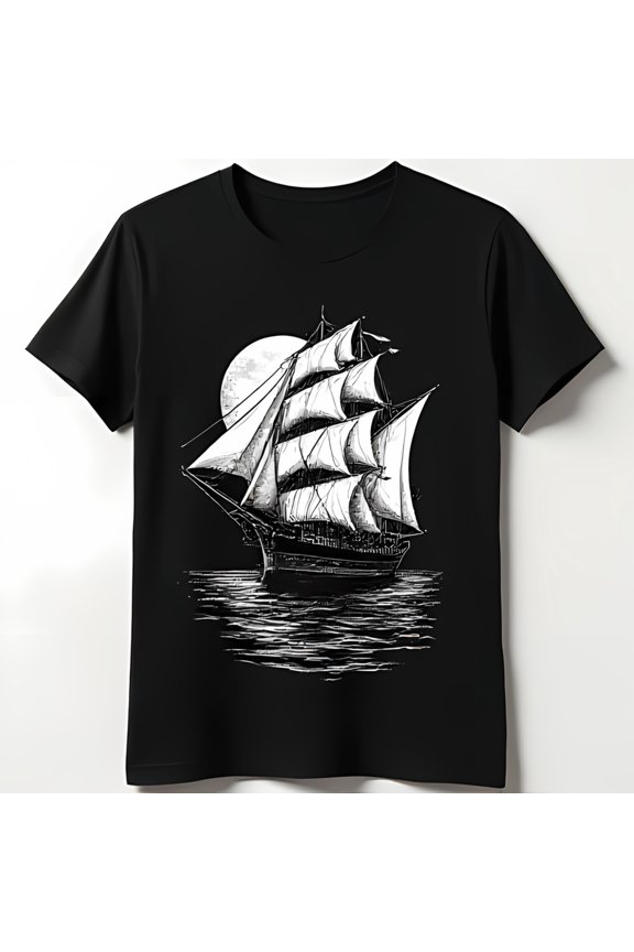 Black T-Shirt with White of Ship Sailing Under