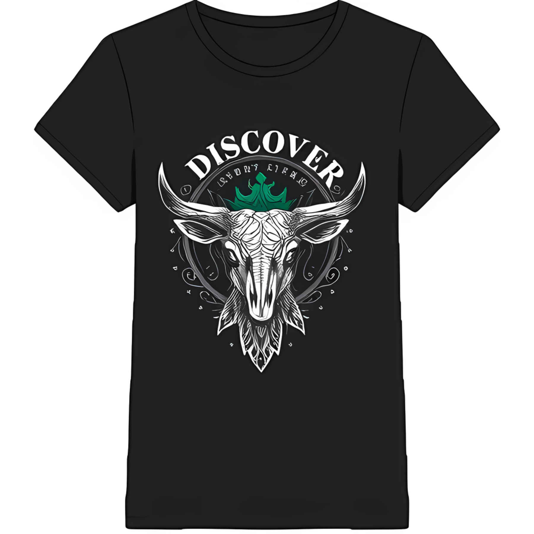 Black TShirt with White 's Head Design Crown of Leaves & 'DISCOVER