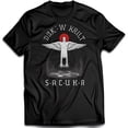 thumbnail image 1 of Black T-Shirt with Winged Figure Red Sun & Stylized Text Design, 1 of 5