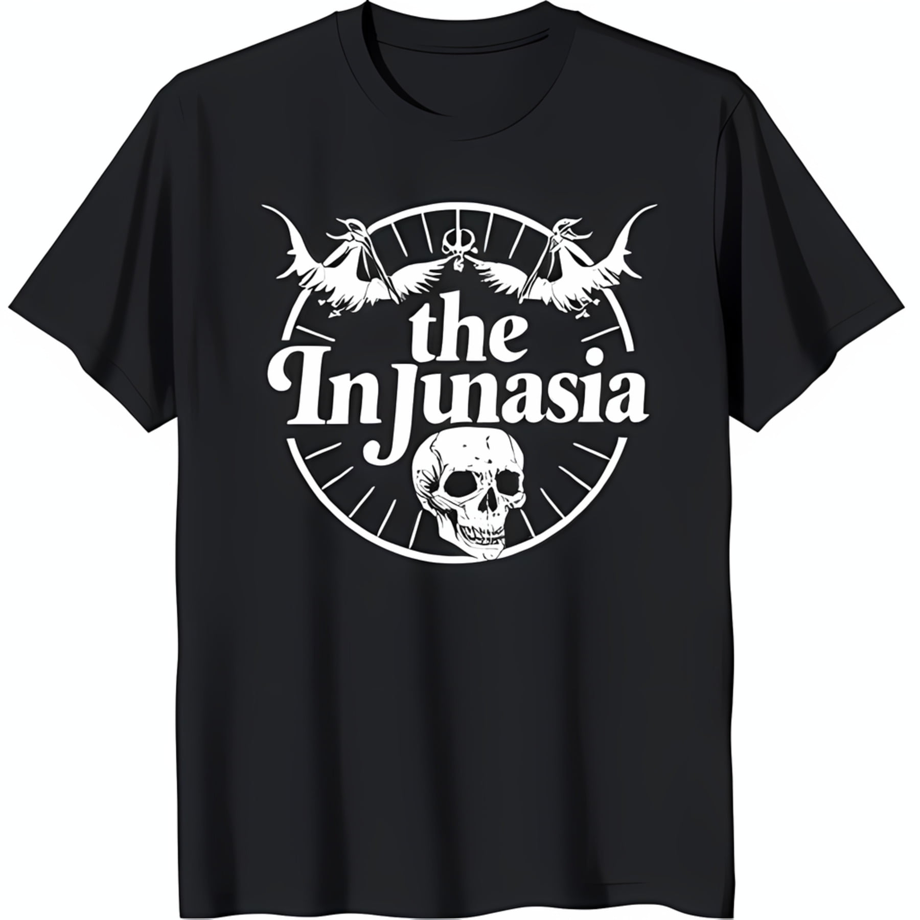 Black T-Shirt with Winged Skeletal Figures & Graphic 'The Injunasia ...