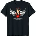Black TShirt with Woman in Red Dress Holding White Heart & Wings 'Pas Teel' Design