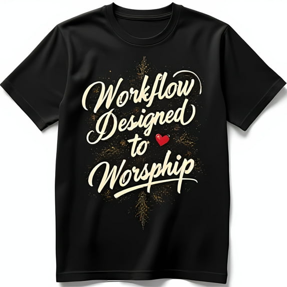 Black T-Shirt with Workflow Designed to Worship Tree Graphic & Heart