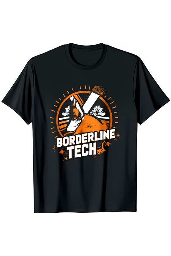 Black T-Shirt with Wrench Graphic & BORDERLINE TECH Text Stylish Tech Humor Tee