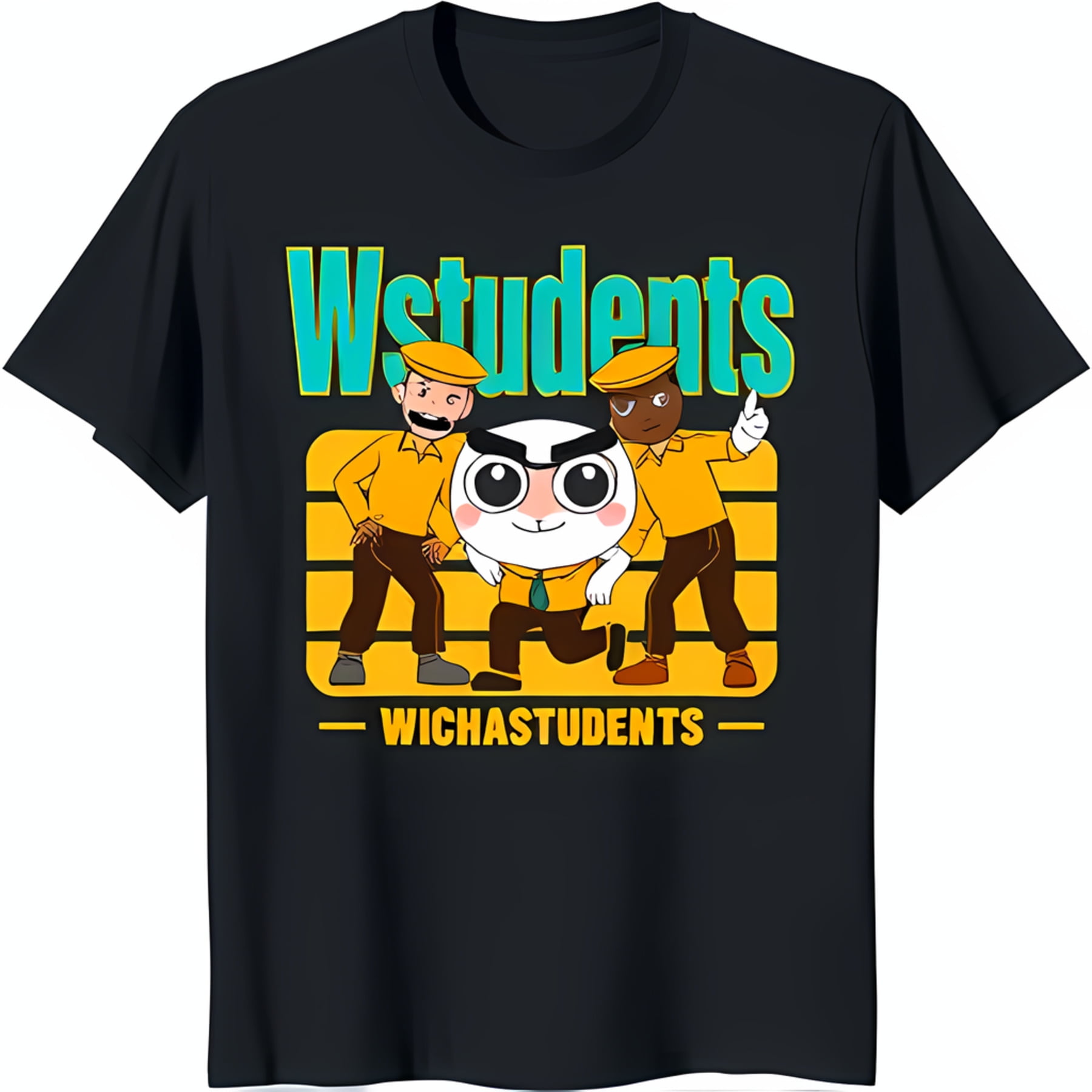 Black TShirt with 'Wstudents' Text & Cartoon Characters Fun Design