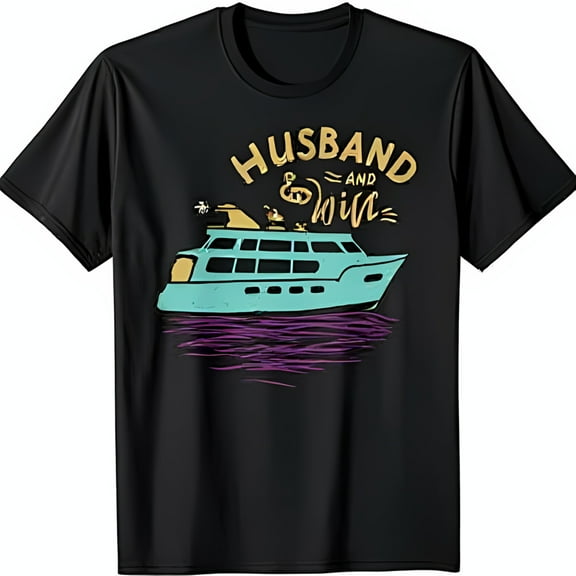 Black T-Shirt with Yacht Graphic Husband = and Wife Design for Couples