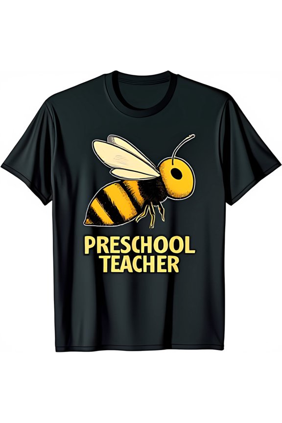 Black T-Shirt with Yellow Bee Graphic and Preschool Teacher Text