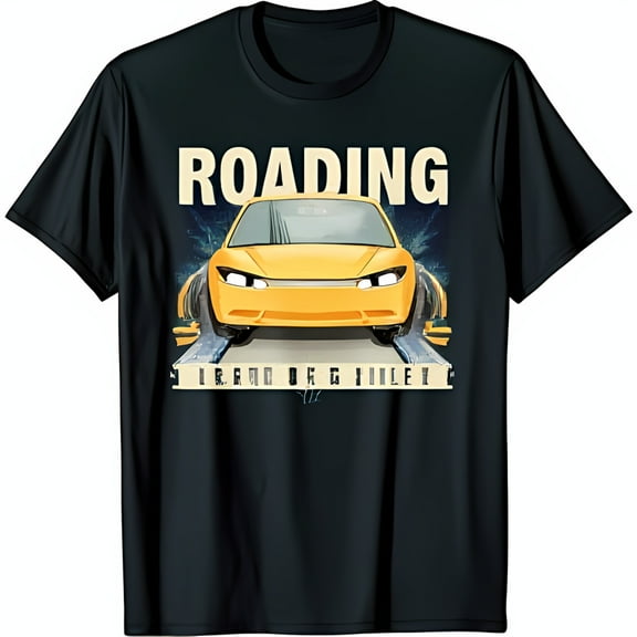 Black T-Shirt with Yellow Car Graphic ROADING & END OF FILE Design