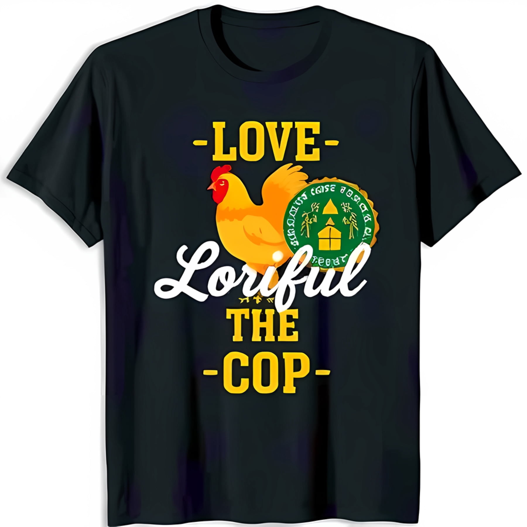 Black TShirt with Yellow Chicken Design & Green 'Love Loriful The Cop
