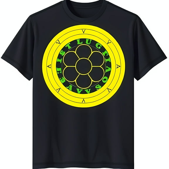 Black T-Shirt with Yellow Circle Green Daisy Design & Circular Text
