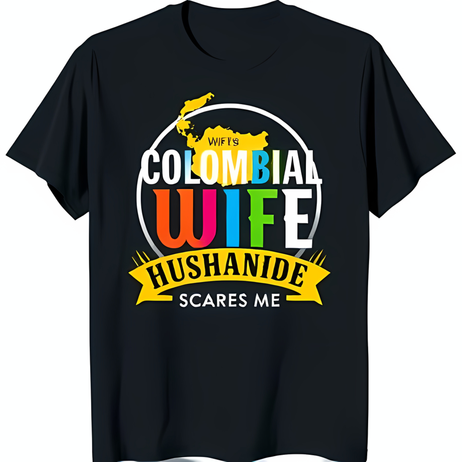 Black TShirt with Yellow Circle Map & 'WIFE'S COLOMBIAL WIFE' Design
