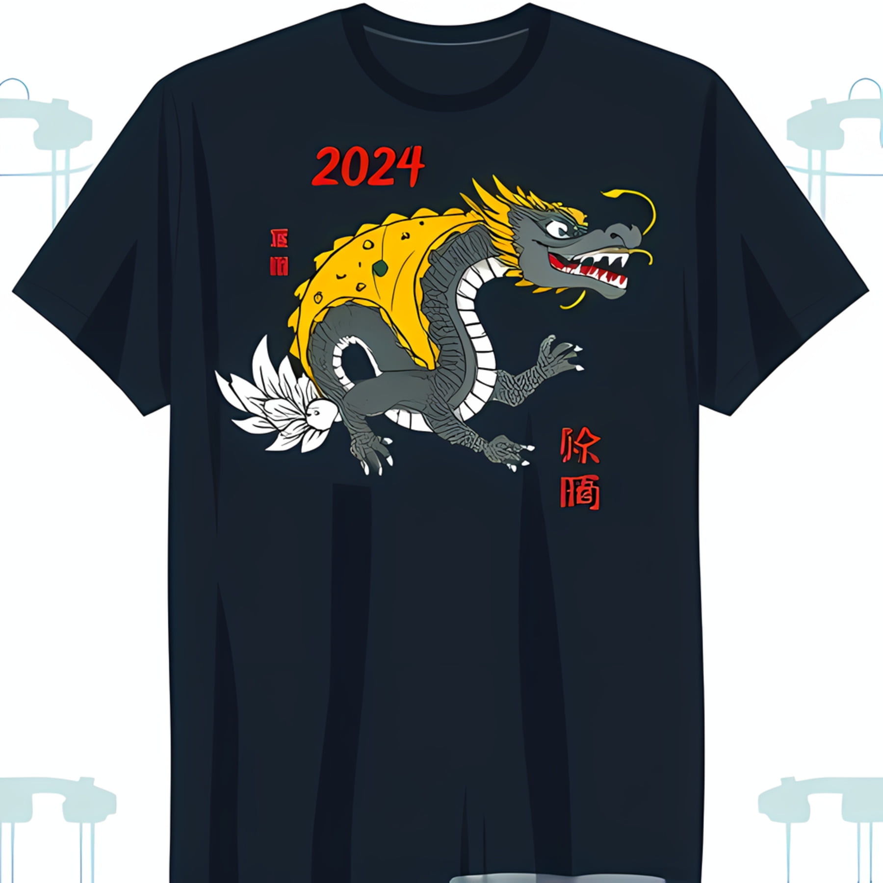 Black TShirt with Yellow Design Black Scales & Chinese Characters 2024