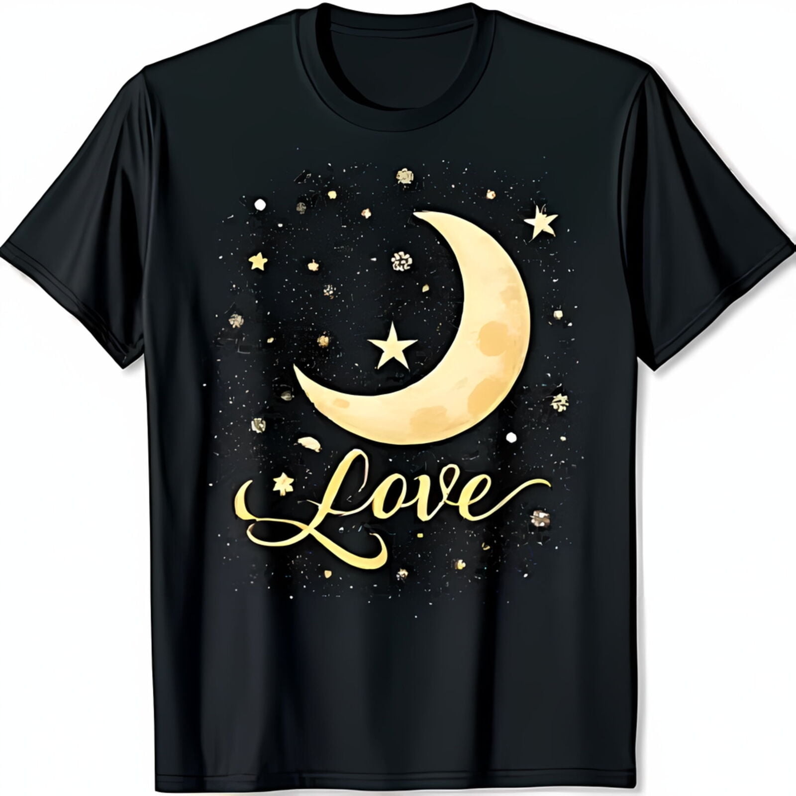 Black TShirt with Yellow Gold & Stars Graphic Love Design
