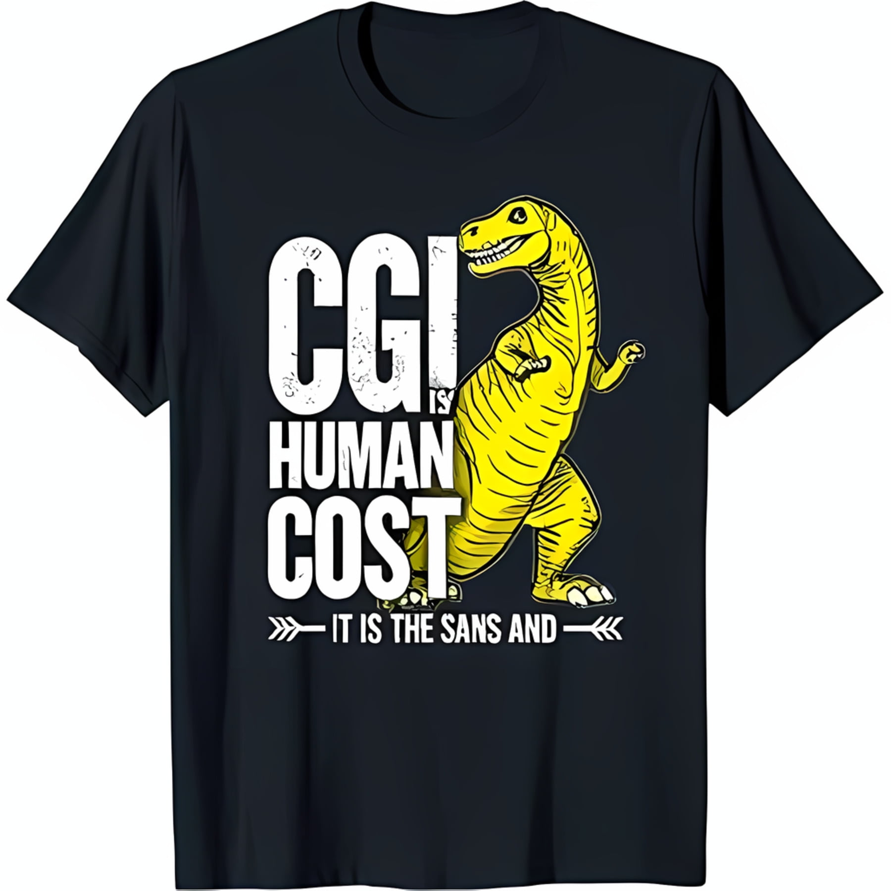 Black TShirt with Yellow Graphic & 'CGI is Human Cost' Text