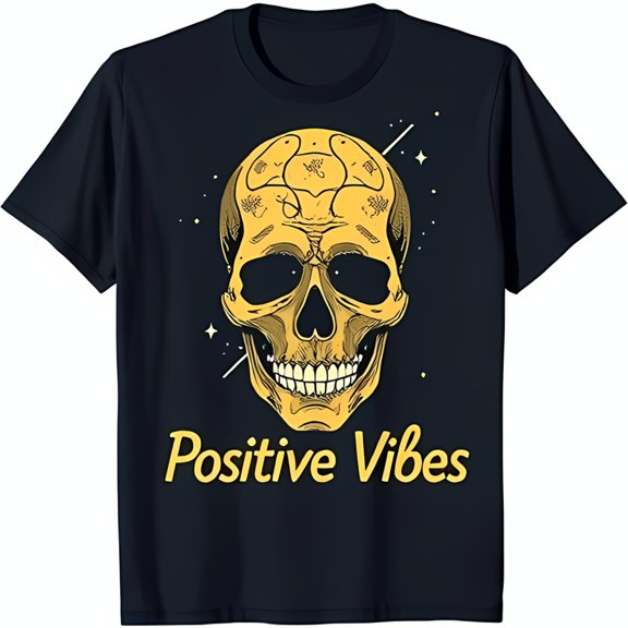 Black T-Shirt with Yellow Graphic & 'Positive Vibes' Text Unique Design