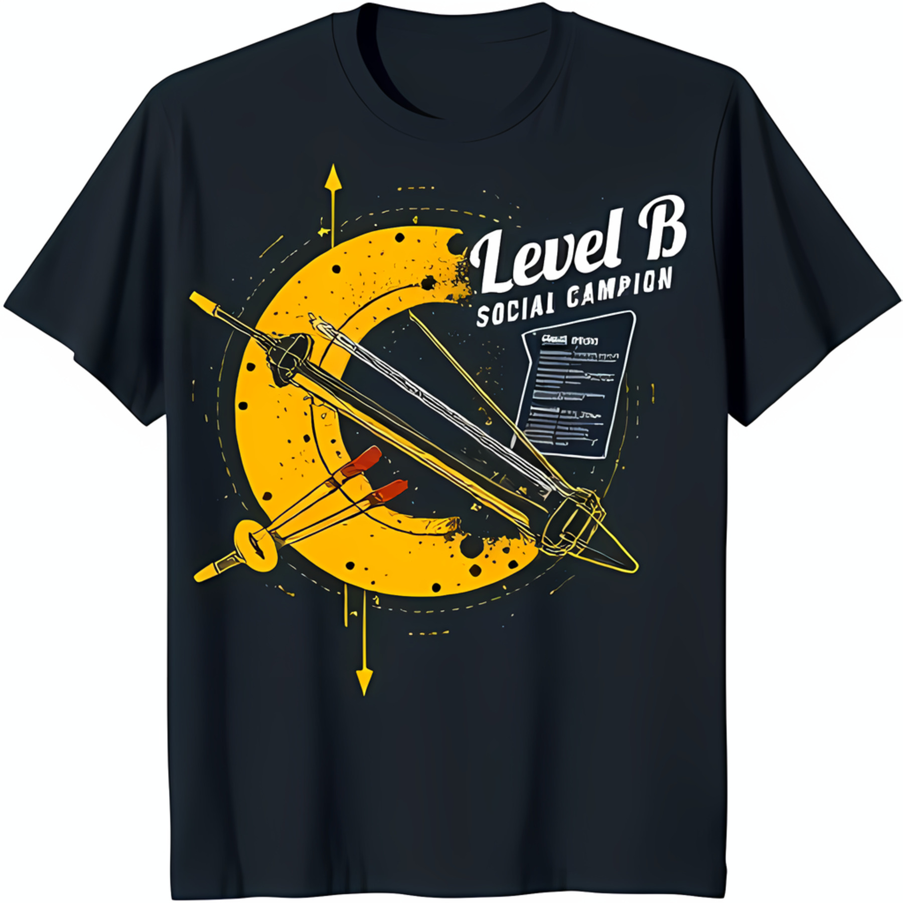 Black TShirt with Yellow Graphic Red Arrows & 'Level B Social ' Design